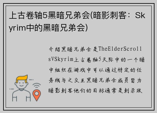 上古卷轴5黑暗兄弟会(暗影刺客：Skyrim中的黑暗兄弟会)